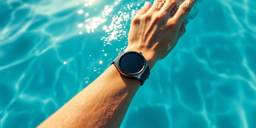 Swimmer wearing a sleek fitness watch mid-stroke.
