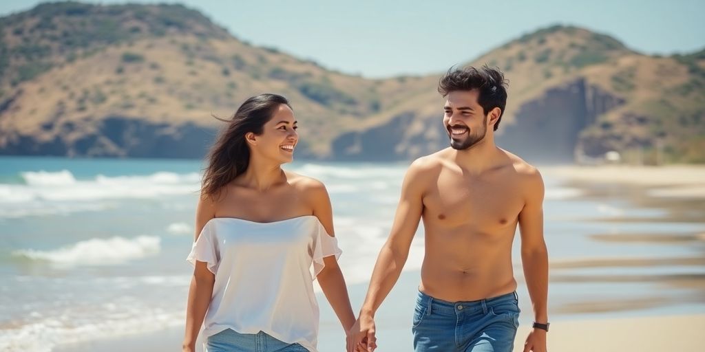 Couple smiling, holding hands on Australian beach.