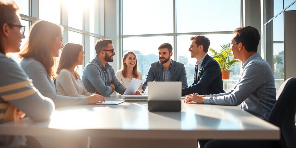 Business professionals collaborating in a modern office.