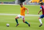 Soccer player in offside position near goal.