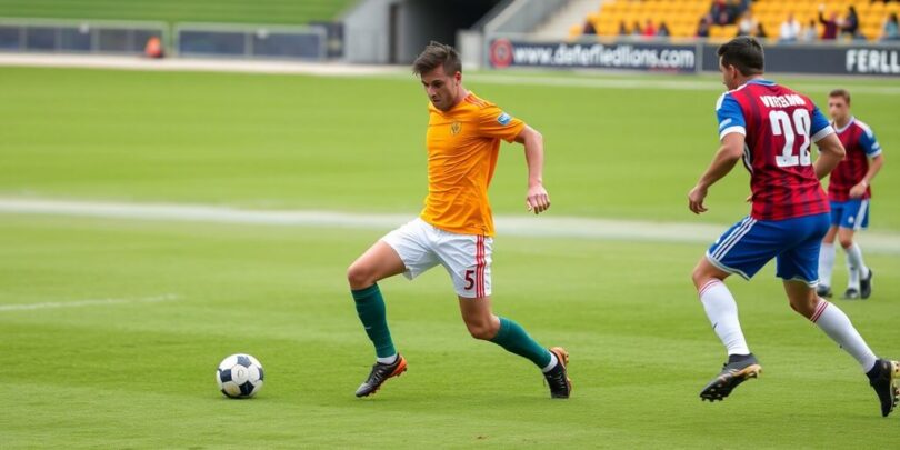 Soccer player in offside position near goal.