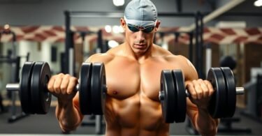 Swimmer lifting weights in a gym.
