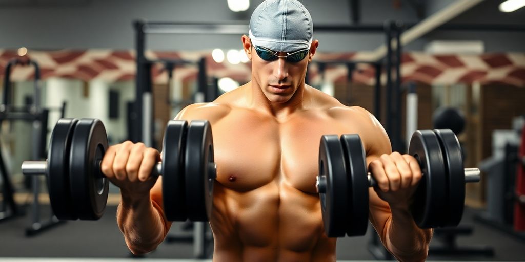 Swimmer lifting weights in a gym.