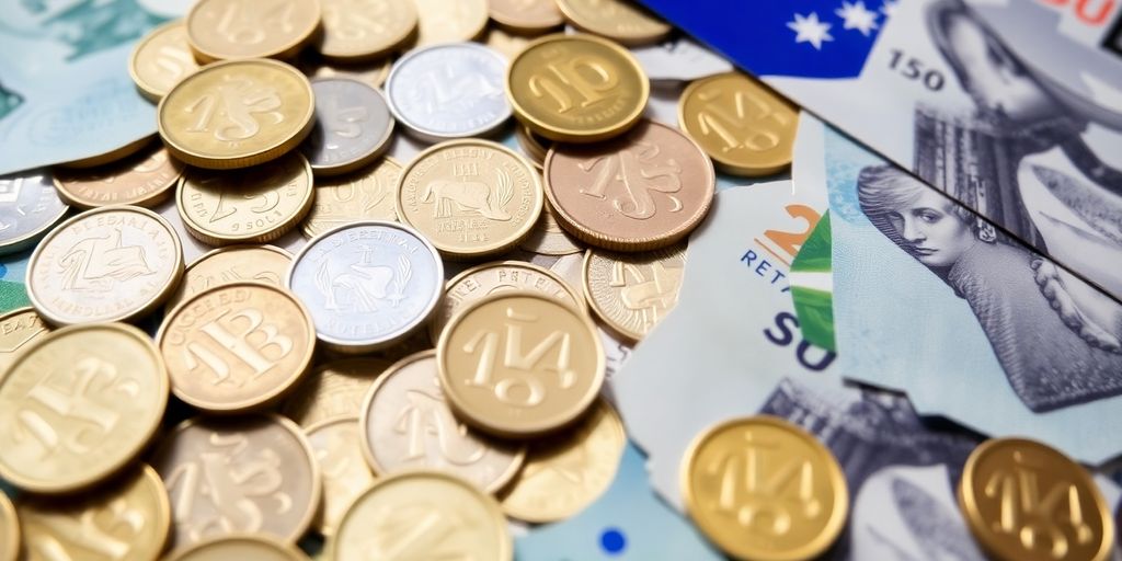 Australian dollar coins and banknotes scattered.