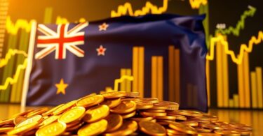 Australian flag with rising financial charts in background.