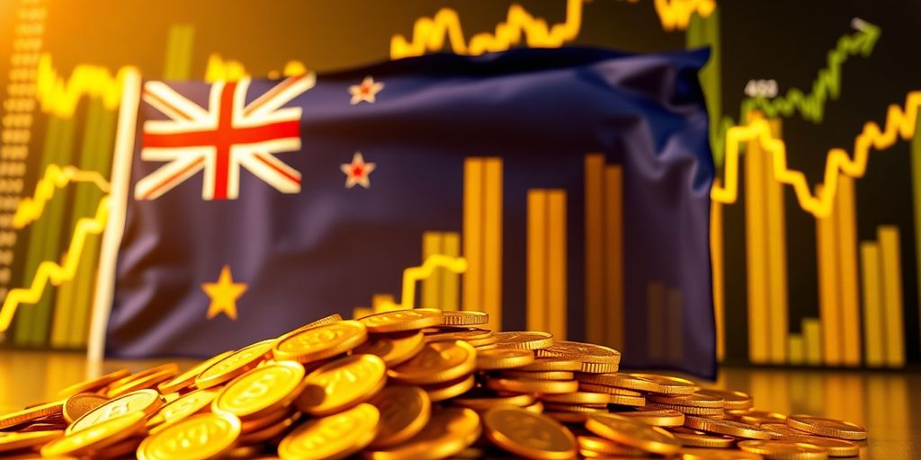 Australian flag with rising financial charts in background.