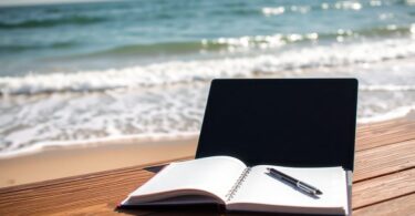 Australian landscape with laptop and notebook