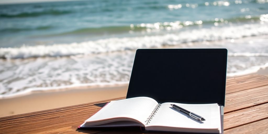 Australian landscape with laptop and notebook