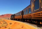 Opulent luxury train gliding through Australian Outback.