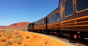 Opulent luxury train gliding through Australian Outback.