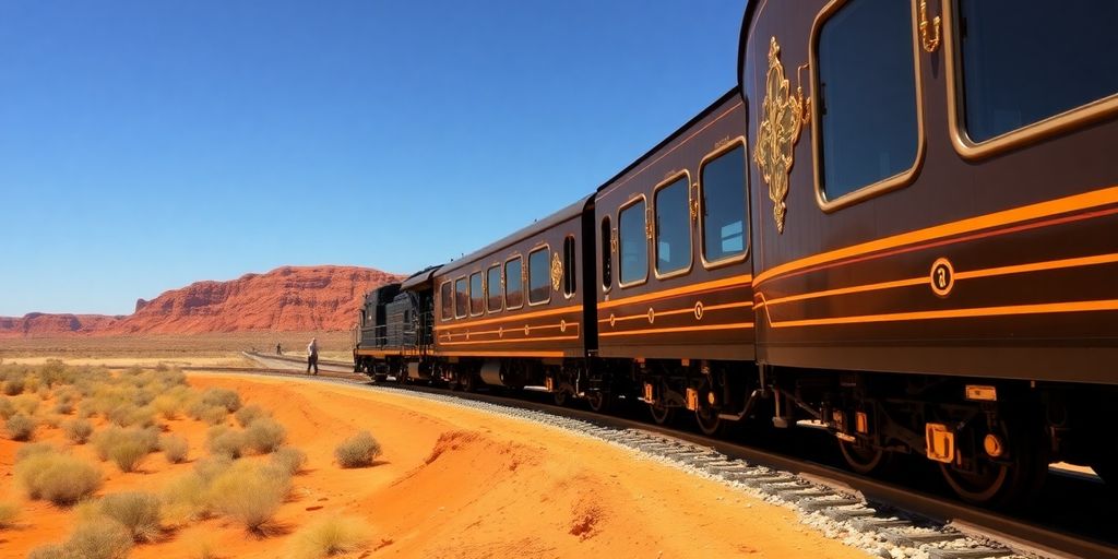 Opulent luxury train gliding through Australian Outback.