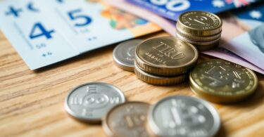 Aussie coins and banknotes with a notebook.
