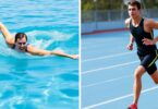 Swimmer and runner mid-action in separate pools and tracks.