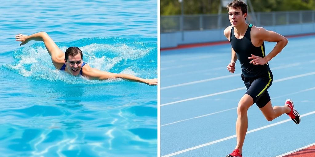 Swimmer and runner mid-action in separate pools and tracks.