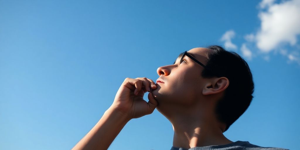 Person looking at clear sky, conveying health contemplation.