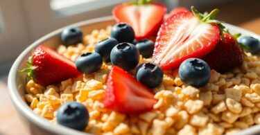 Bowl of high-fibre cereal with fruits.