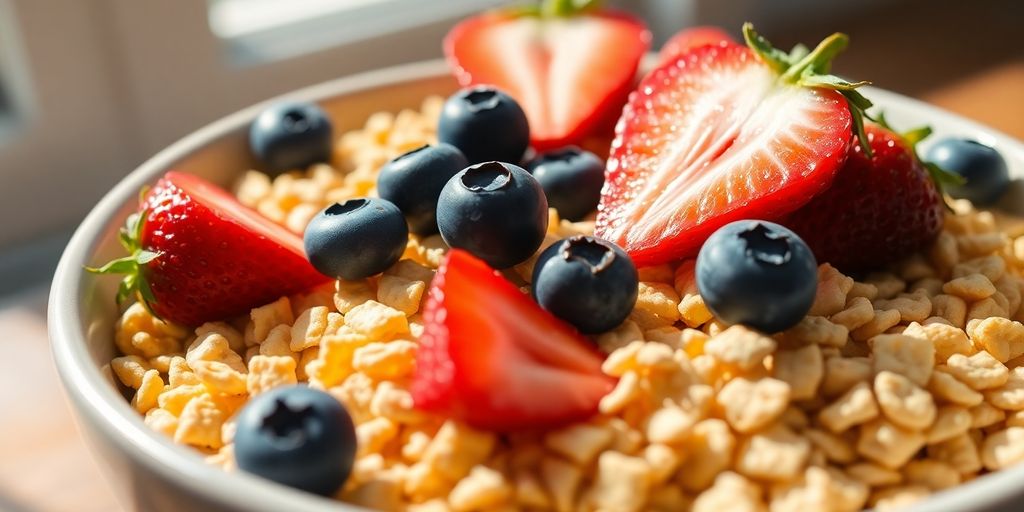 Bowl of high-fibre cereal with fruits.