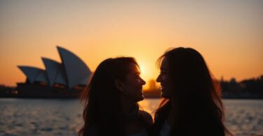 Couple embracing against Sydney Opera House backdrop.