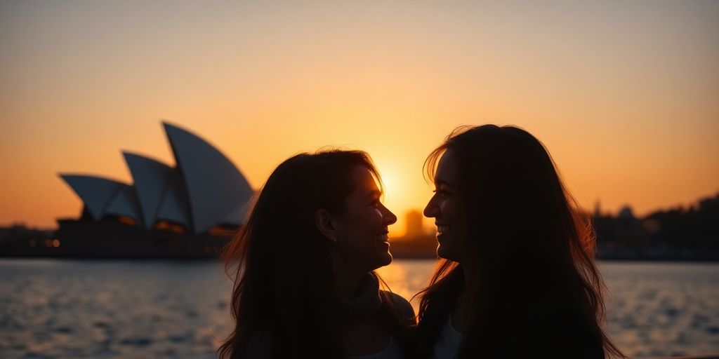 Couple embracing against Sydney Opera House backdrop.