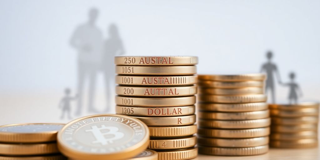 Australian dollar coins with a family silhouette.