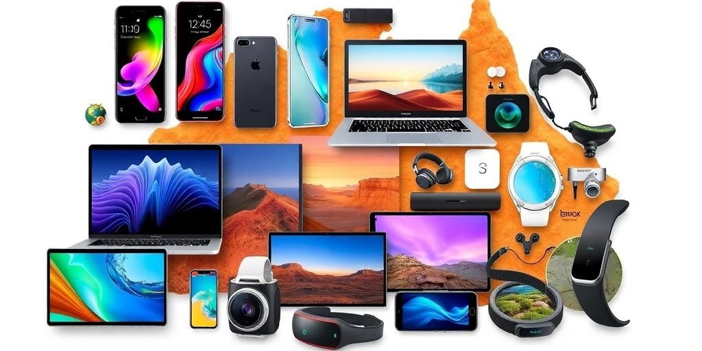Modern tech devices with Australian backdrop