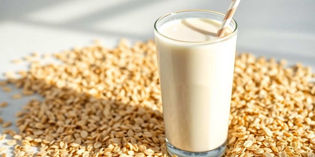 Glass of oat milk with oats and a straw.