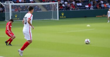 Soccer player in offside position near goal.