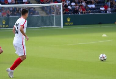 Soccer player in offside position near goal.