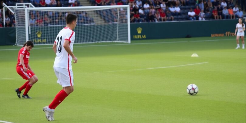 Soccer player in offside position near goal.