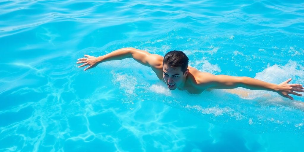 Adult swimmer powering through clear blue water.