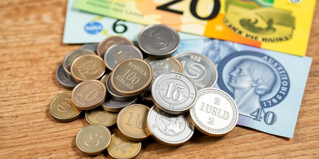 Australian coins and banknotes scattered on a table.
