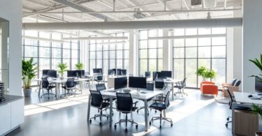 Modern office interior with people working.