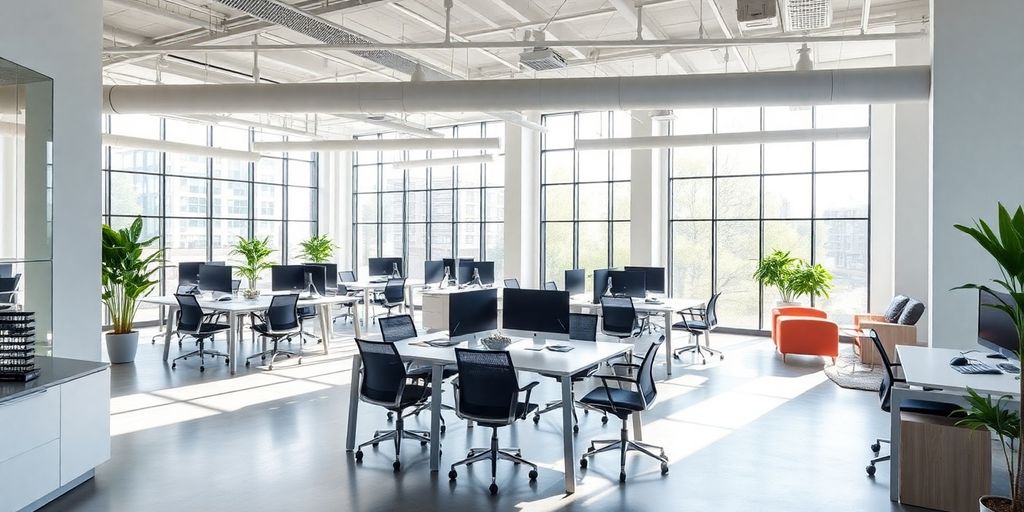 Modern office interior with people working.
