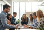 Business people collaborating around a digital interface.