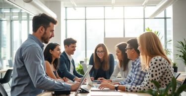 Business people collaborating around a digital interface.