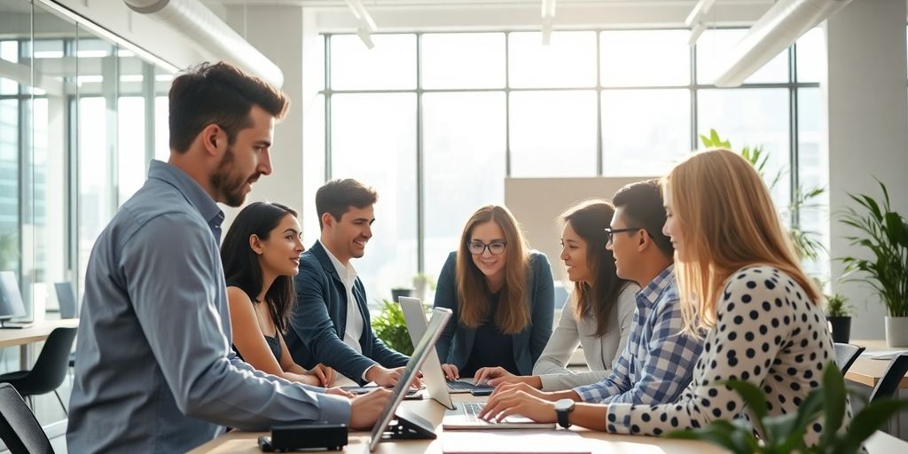 Business people collaborating around a digital interface.