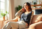 Woman relaxing in stylish loungewear at home office.