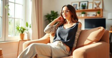 Woman relaxing in stylish loungewear at home office.