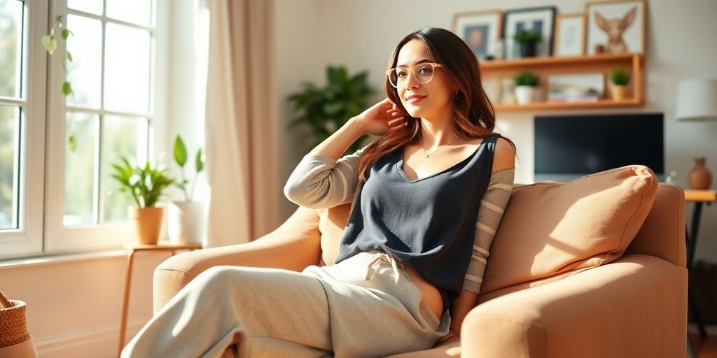Woman relaxing in stylish loungewear at home office.