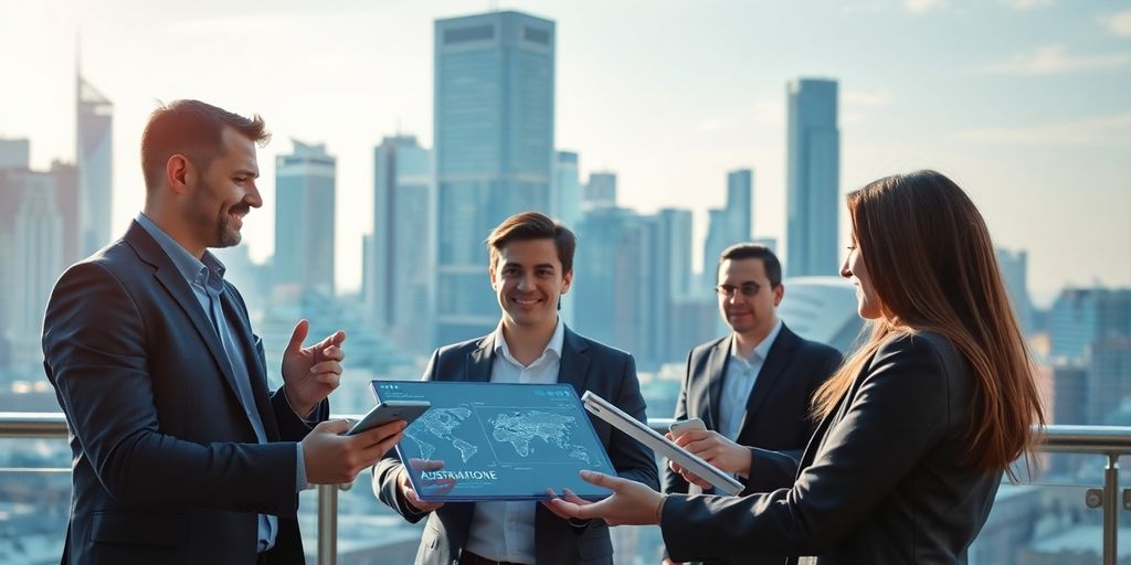 Australian entrepreneurs collaborating with futuristic technology.