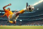 Aussie soccer player airborne, executing a bicycle kick.