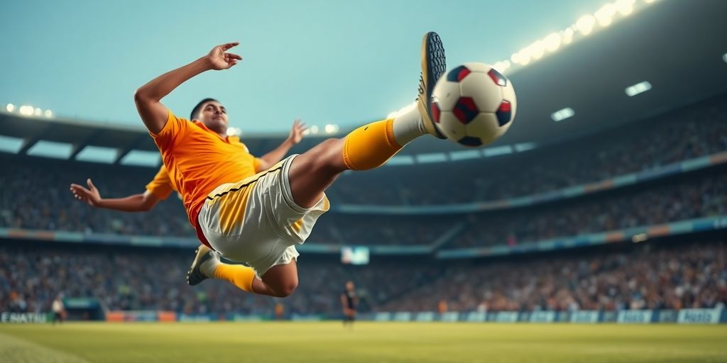 Aussie soccer player airborne, executing a bicycle kick.