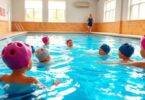 Splashing family enjoys Edmonton swimming lessons.