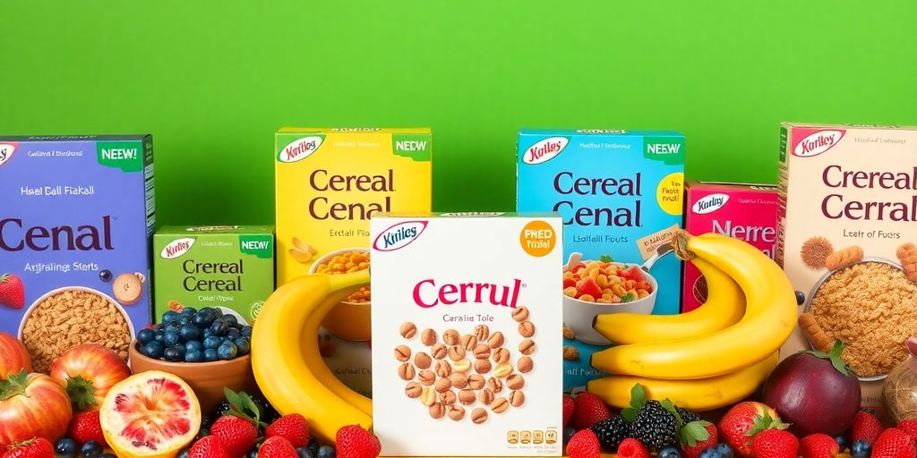 Colourful cereal boxes stacked with fresh Australian fruits.