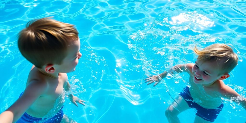 Kids splashing happily in a bright blue swimming pool.