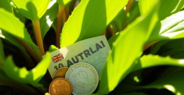 Australian coins near a flourishing plant.