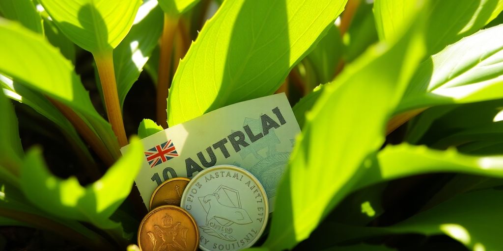 Australian coins near a flourishing plant.