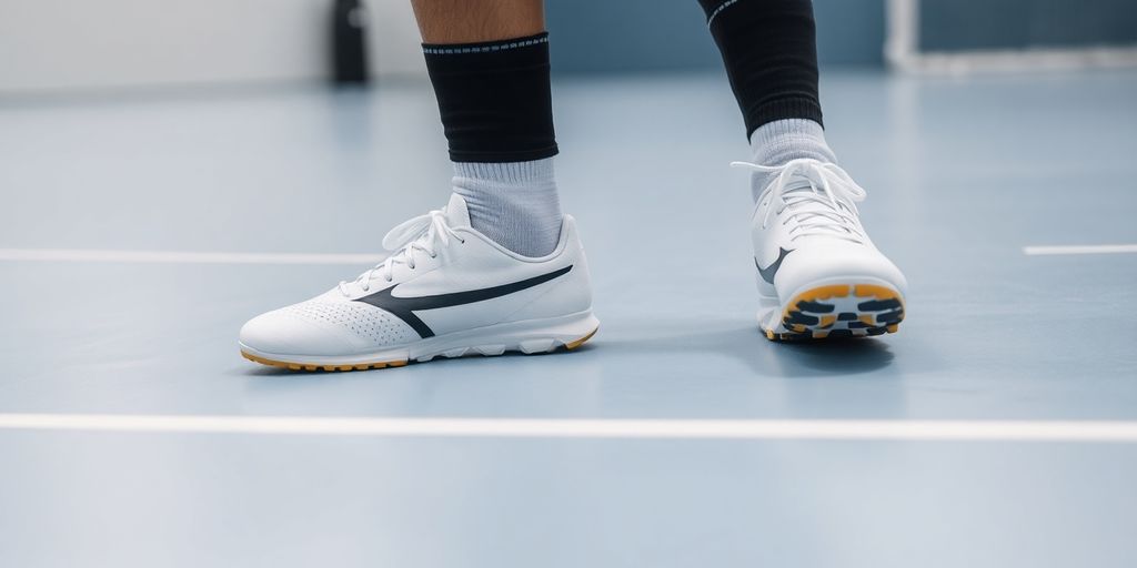 Soccer player in indoor shoes on court.