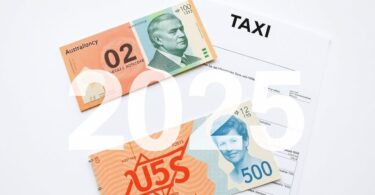 Australian flag with coins and tax documents.