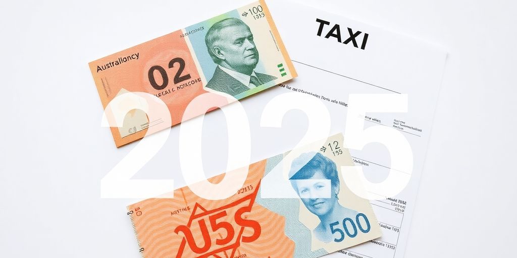 Australian flag with coins and tax documents.